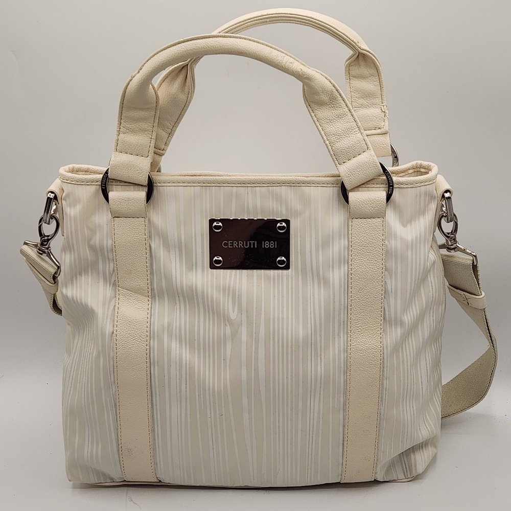 .Cerruti 1881 Summer White Striped Fabric and Leather Shoulder Bag